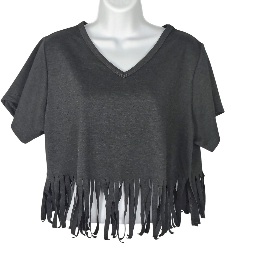 Almost Pink  Charcoal  Fringe Hem V-Neck Crop Top T-Shirt M vtg y2k goth romance